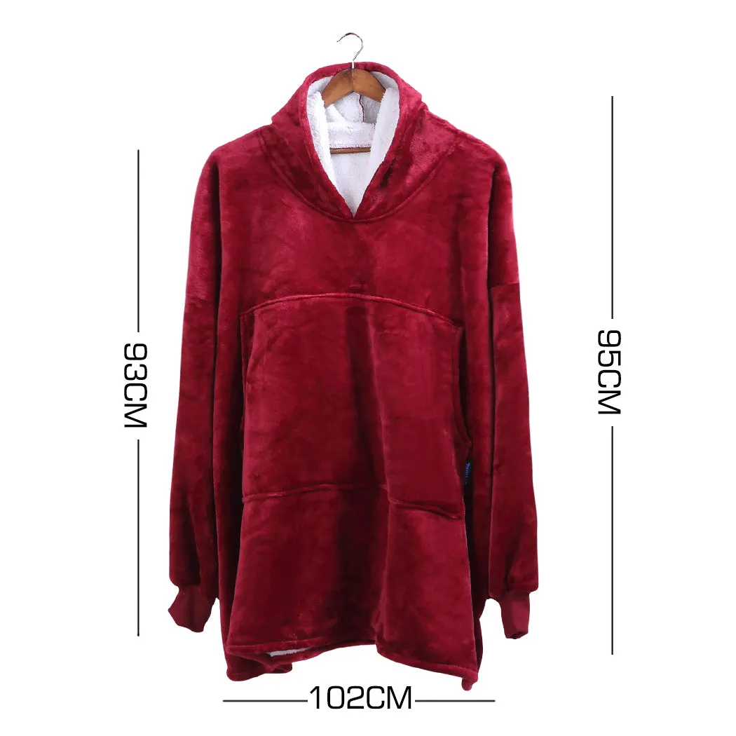 2 Pcs DreamZ Plush Fleece Sherpa Hoodie Sweatshirt Huggle Blanket Pajamas Red