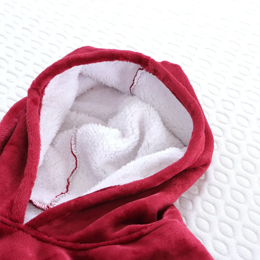 2 Pcs DreamZ Plush Fleece Sherpa Hoodie Sweatshirt Huggle Blanket Pajamas Red