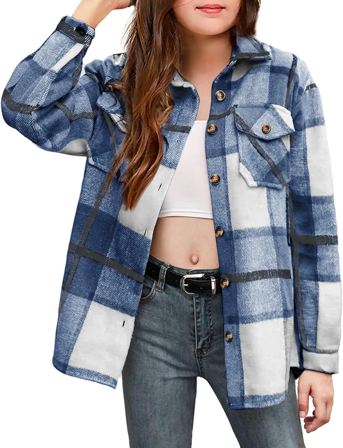 Arshiner Girls Flannel Plaid Jackets Button Down Long Sleeve Shirts