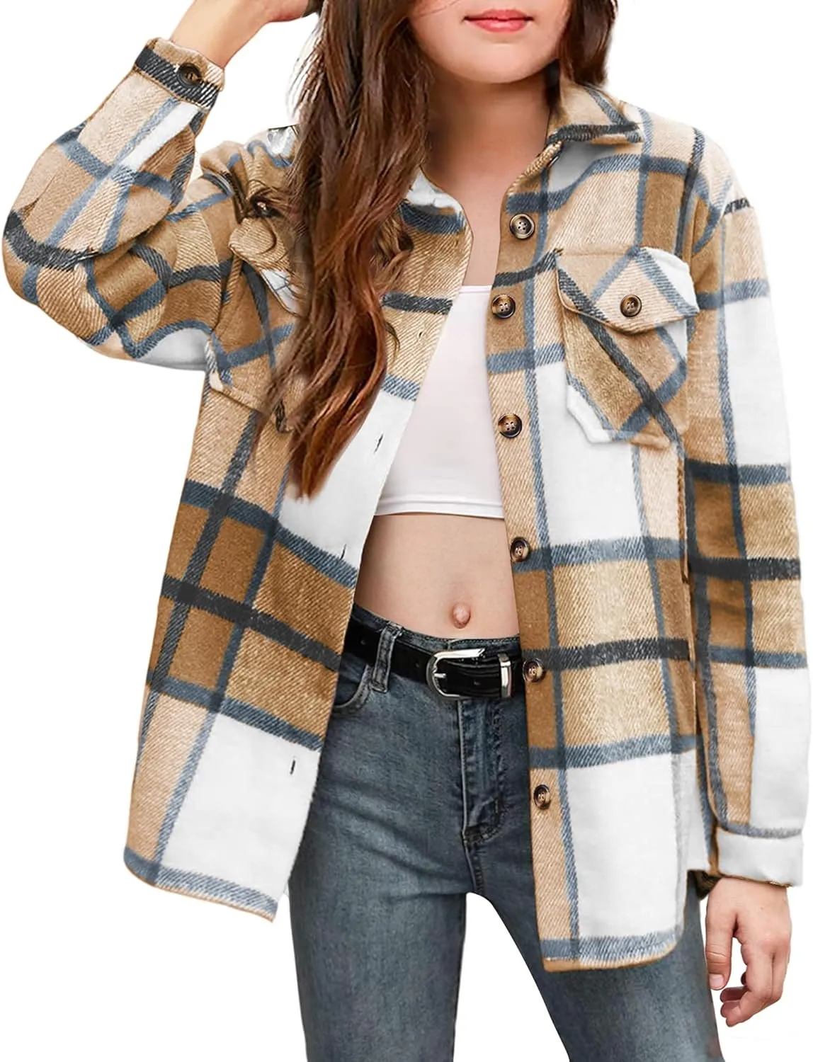 Arshiner Girls Flannel Plaid Jackets Button Down Long Sleeve Shirts