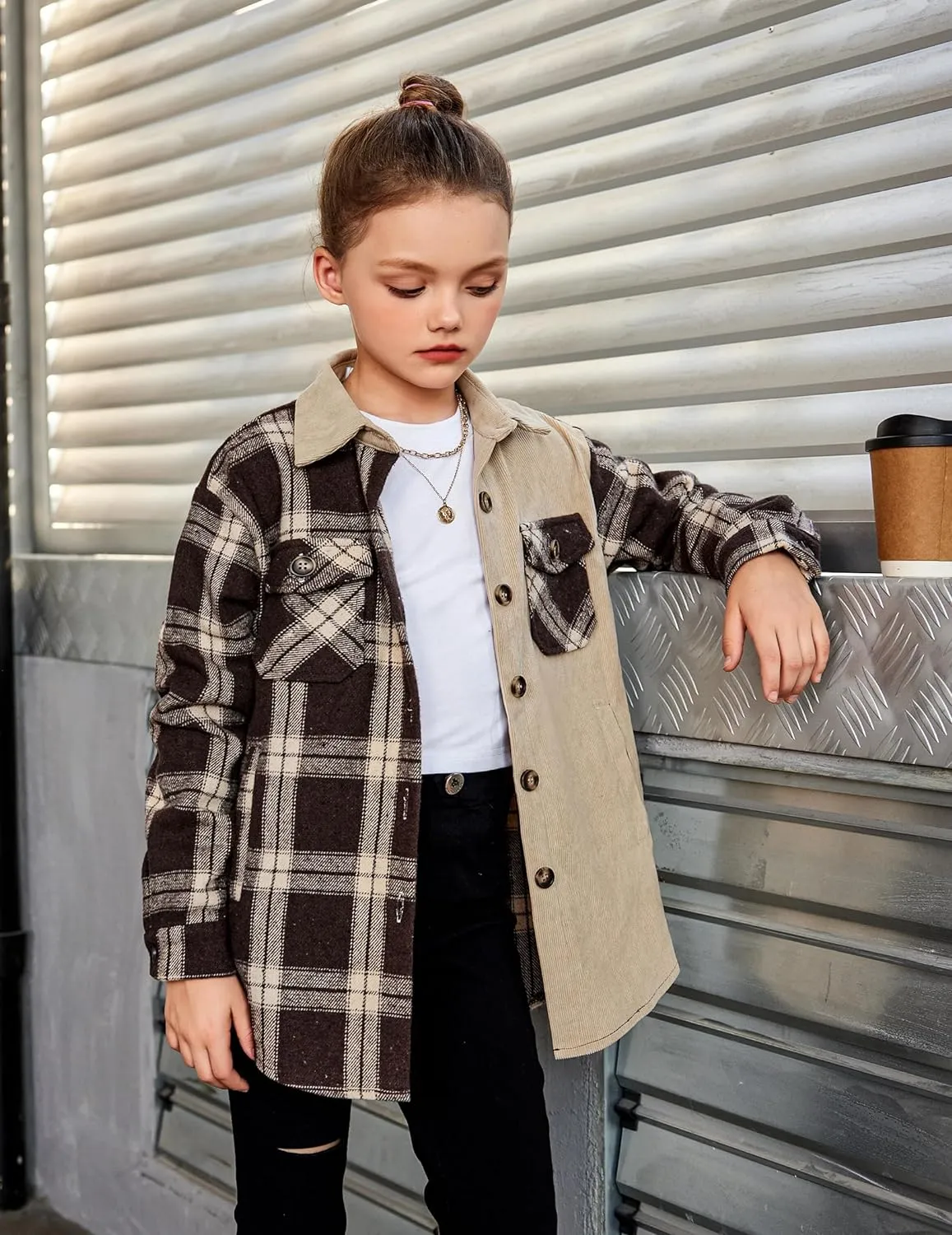 Arshiner Girls Flannel Plaid Jackets Button Down Long Sleeve Shirts