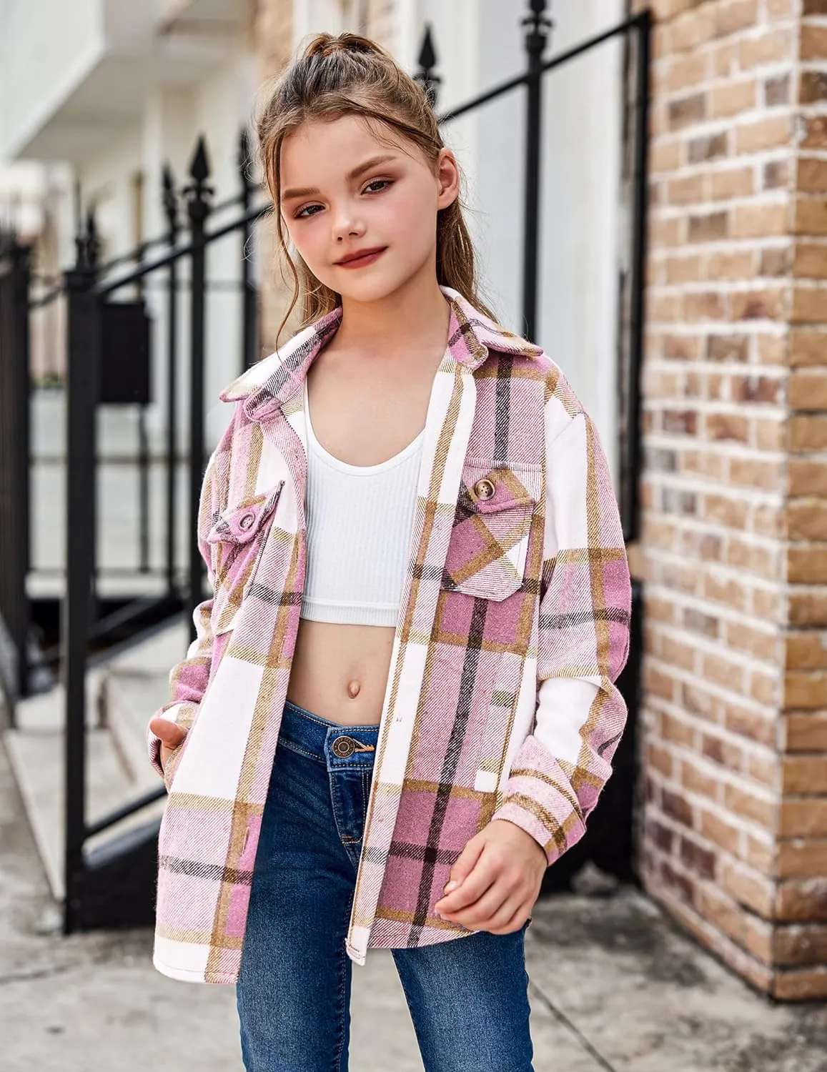 Arshiner Girls Flannel Plaid Jackets Button Down Long Sleeve Shirts