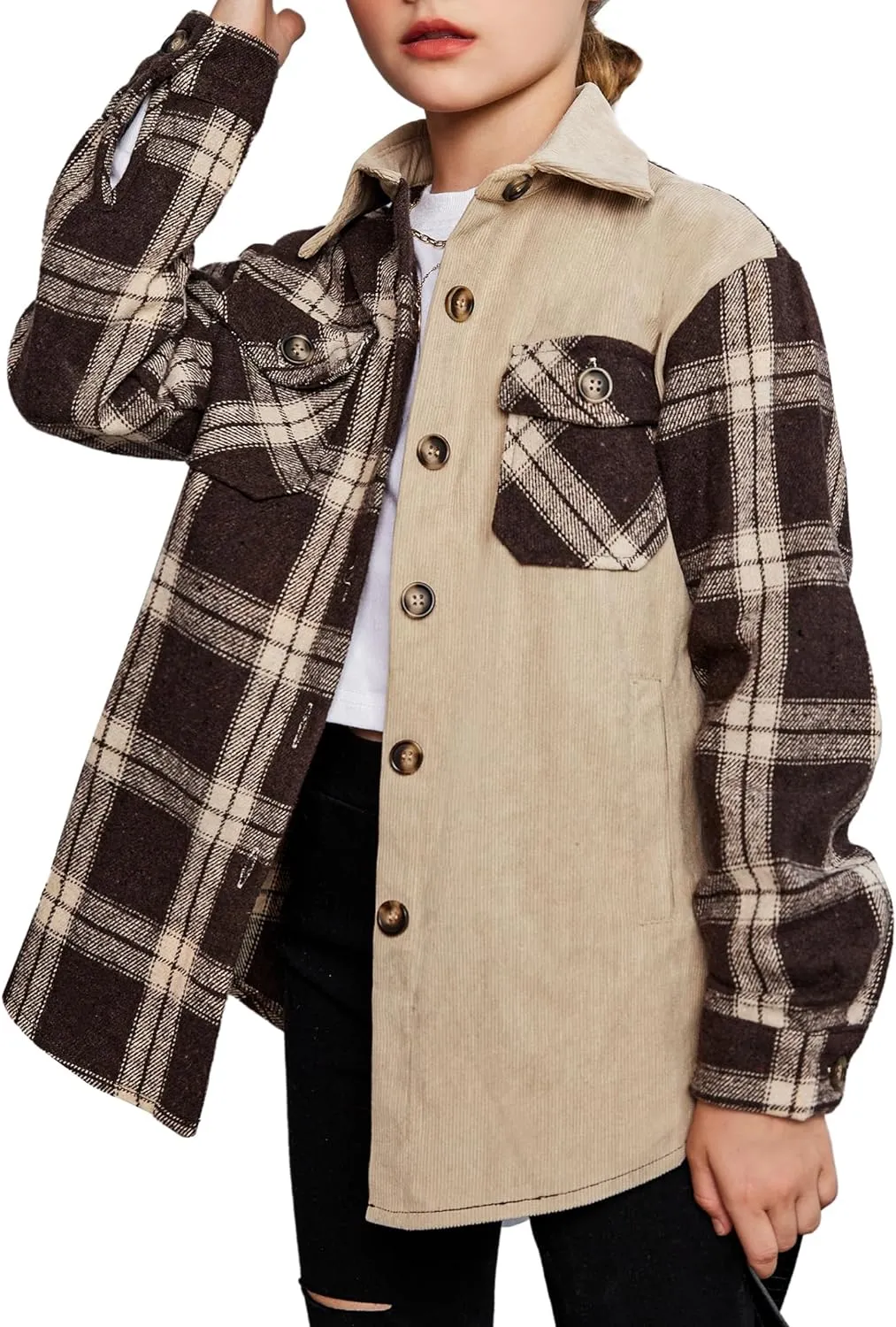 Arshiner Girls Flannel Plaid Jackets Button Down Long Sleeve Shirts