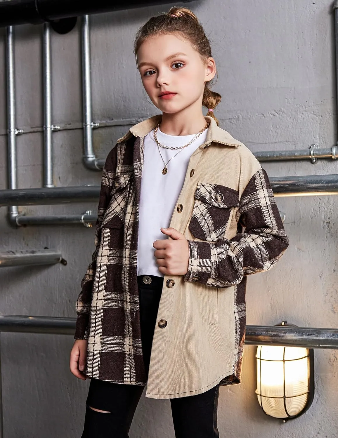 Arshiner Girls Flannel Plaid Jackets Button Down Long Sleeve Shirts