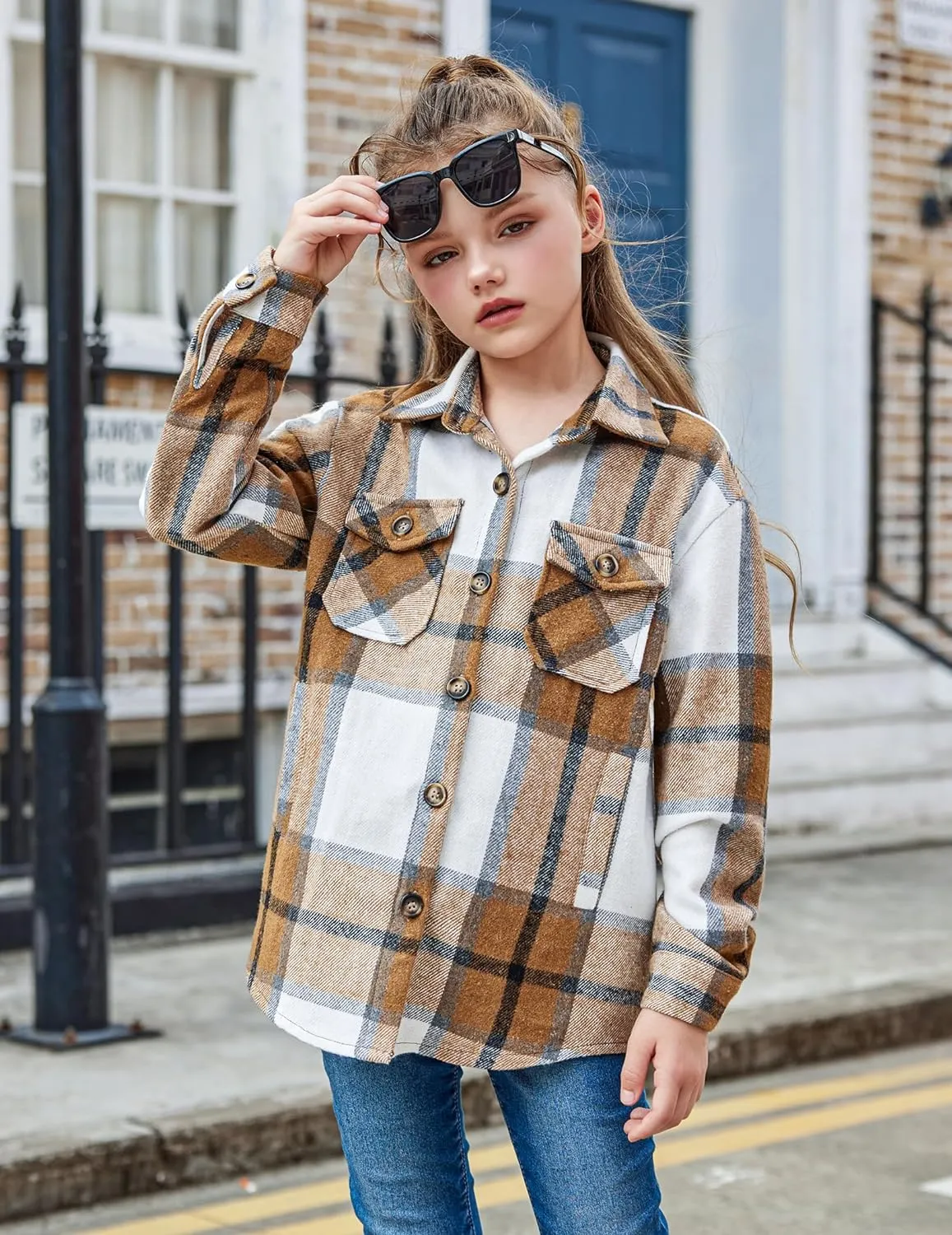 Arshiner Girls Flannel Plaid Jackets Button Down Long Sleeve Shirts