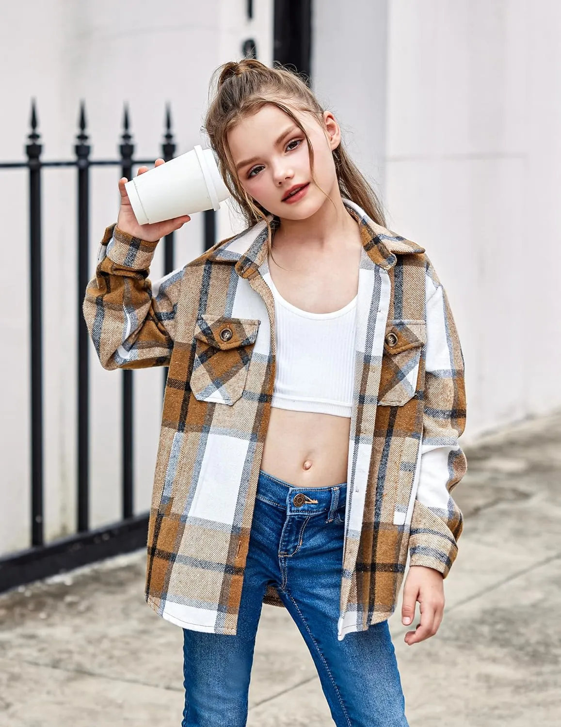 Arshiner Girls Flannel Plaid Jackets Button Down Long Sleeve Shirts