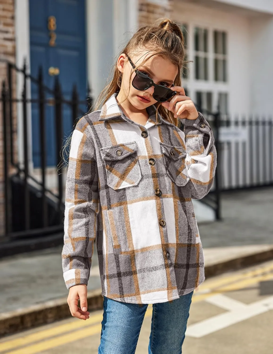 Arshiner Girls Flannel Plaid Jackets Button Down Long Sleeve Shirts