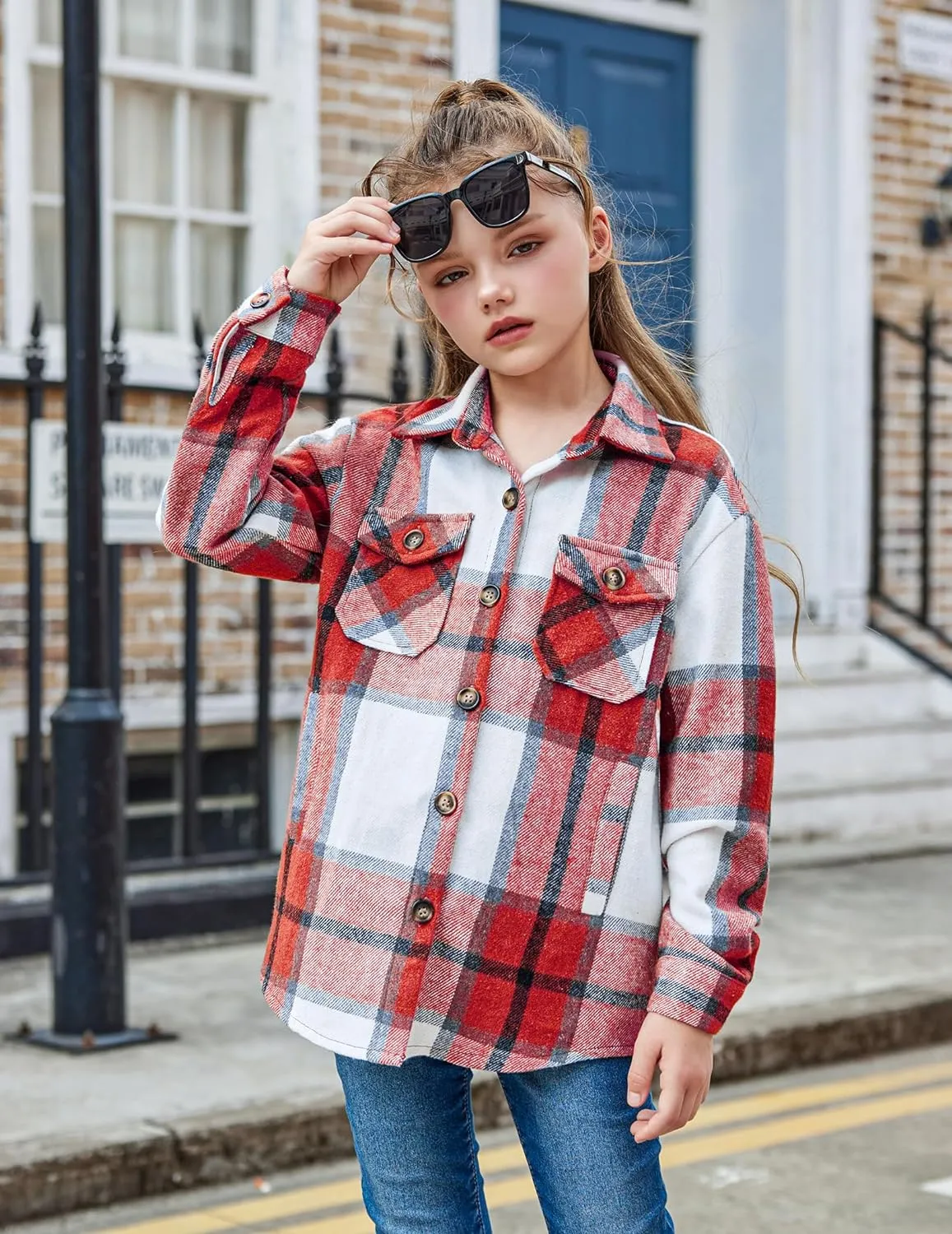 Arshiner Girls Flannel Plaid Jackets Button Down Long Sleeve Shirts