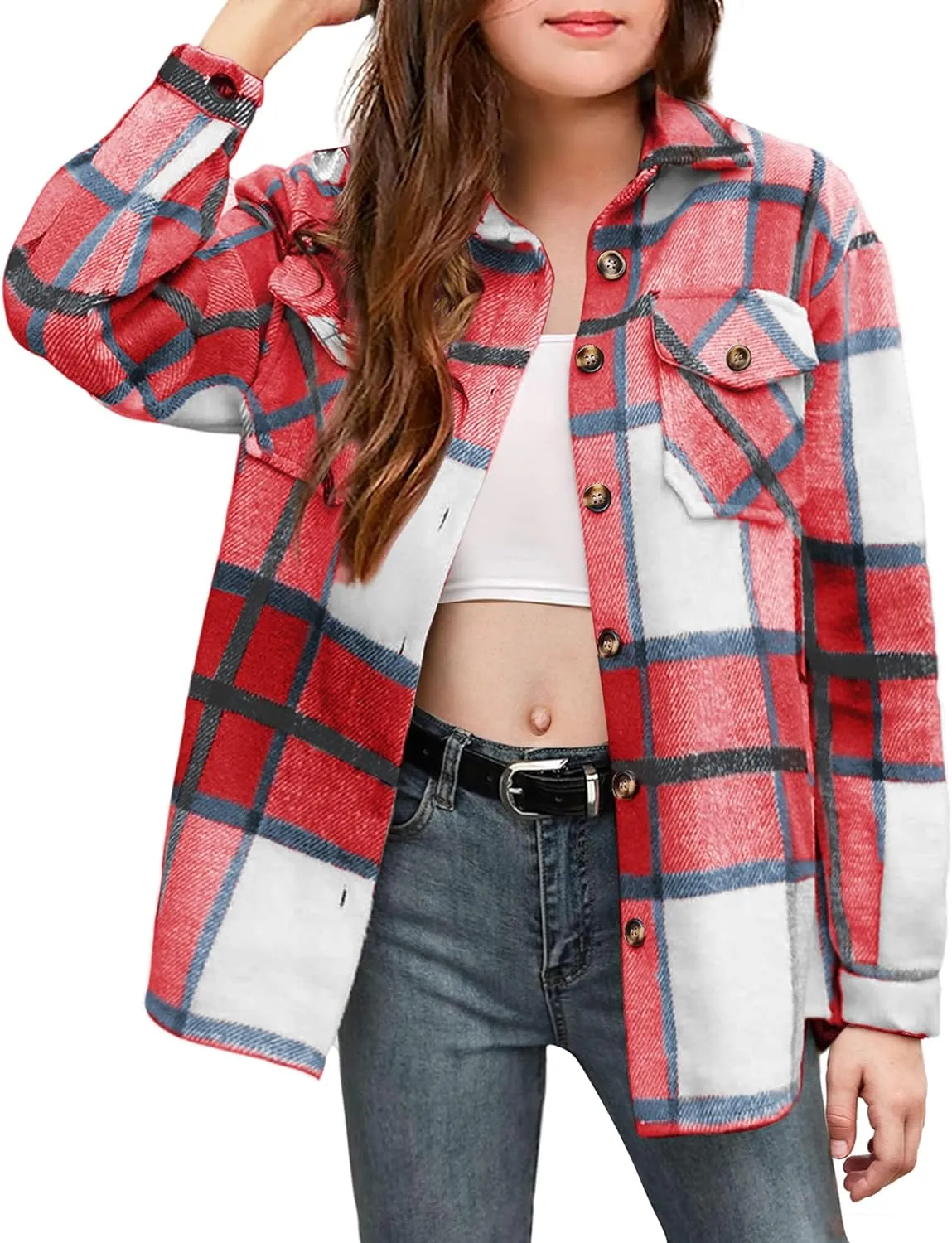 Arshiner Girls Flannel Plaid Jackets Button Down Long Sleeve Shirts