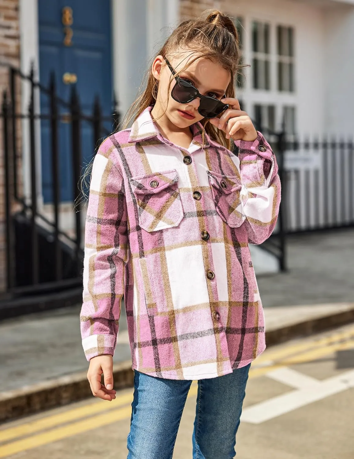 Arshiner Girls Flannel Plaid Jackets Button Down Long Sleeve Shirts