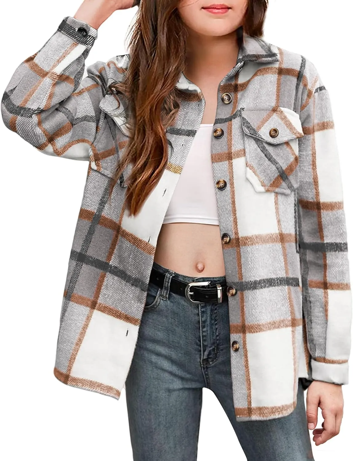 Arshiner Girls Flannel Plaid Jackets Button Down Long Sleeve Shirts