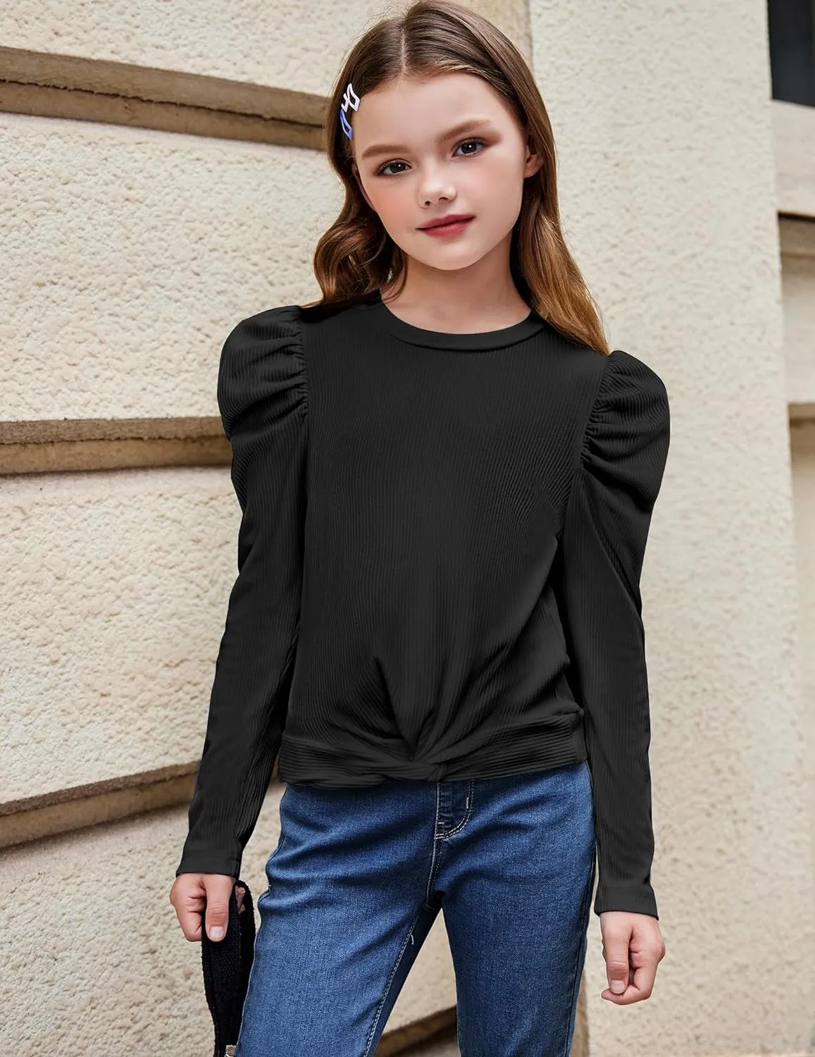 Arshiner Girls Puff Long Sleeve Shirts Twist Front Ribbed Knit T-Shirt