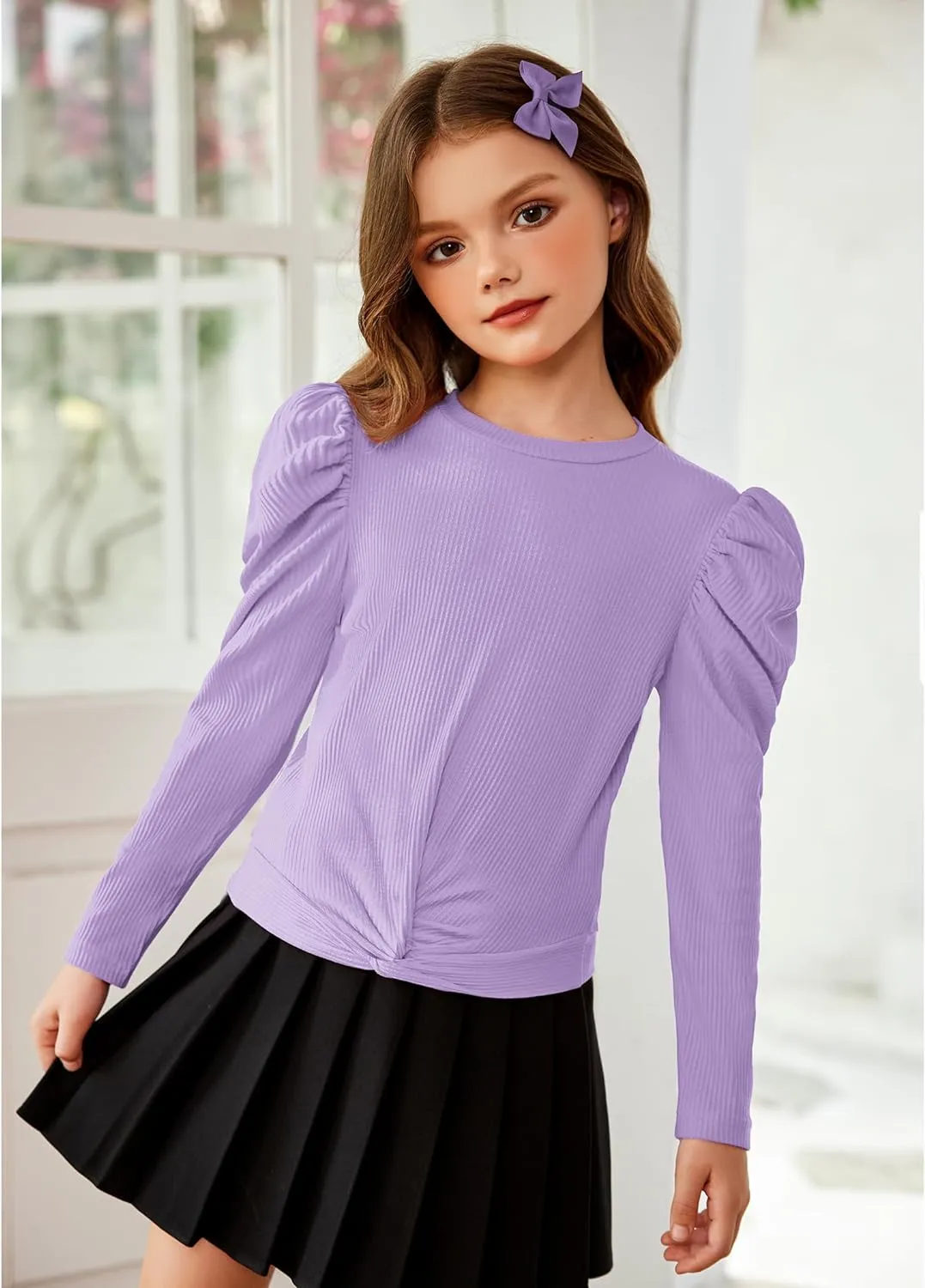 Arshiner Girls Puff Long Sleeve Shirts Twist Front Ribbed Knit T-Shirt