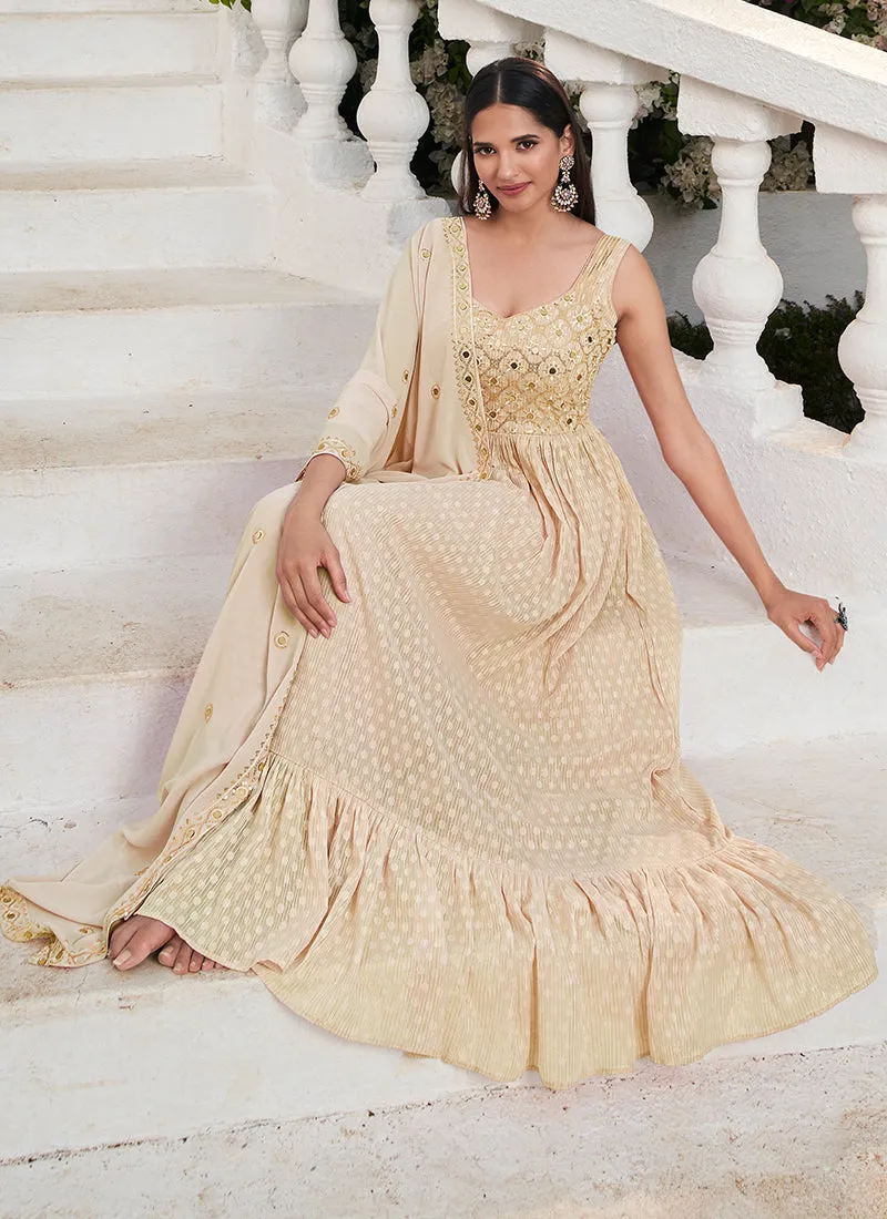 Beige Mirror Work Embroidered Jacquard Anarkali Suit