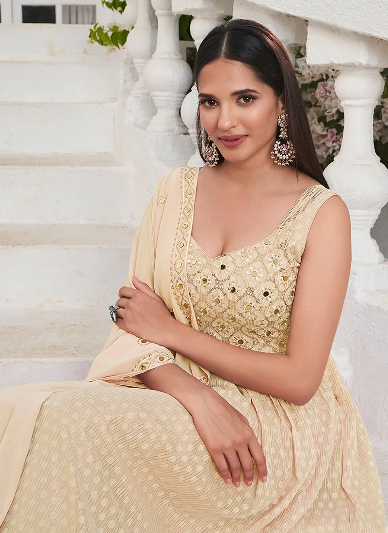 Beige Mirror Work Embroidered Jacquard Anarkali Suit