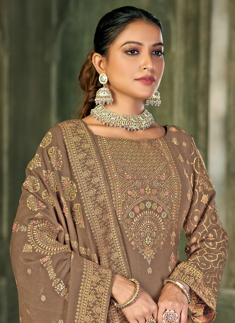 Beige Multi Pashmina Embroidery Salwar Kameez Suit