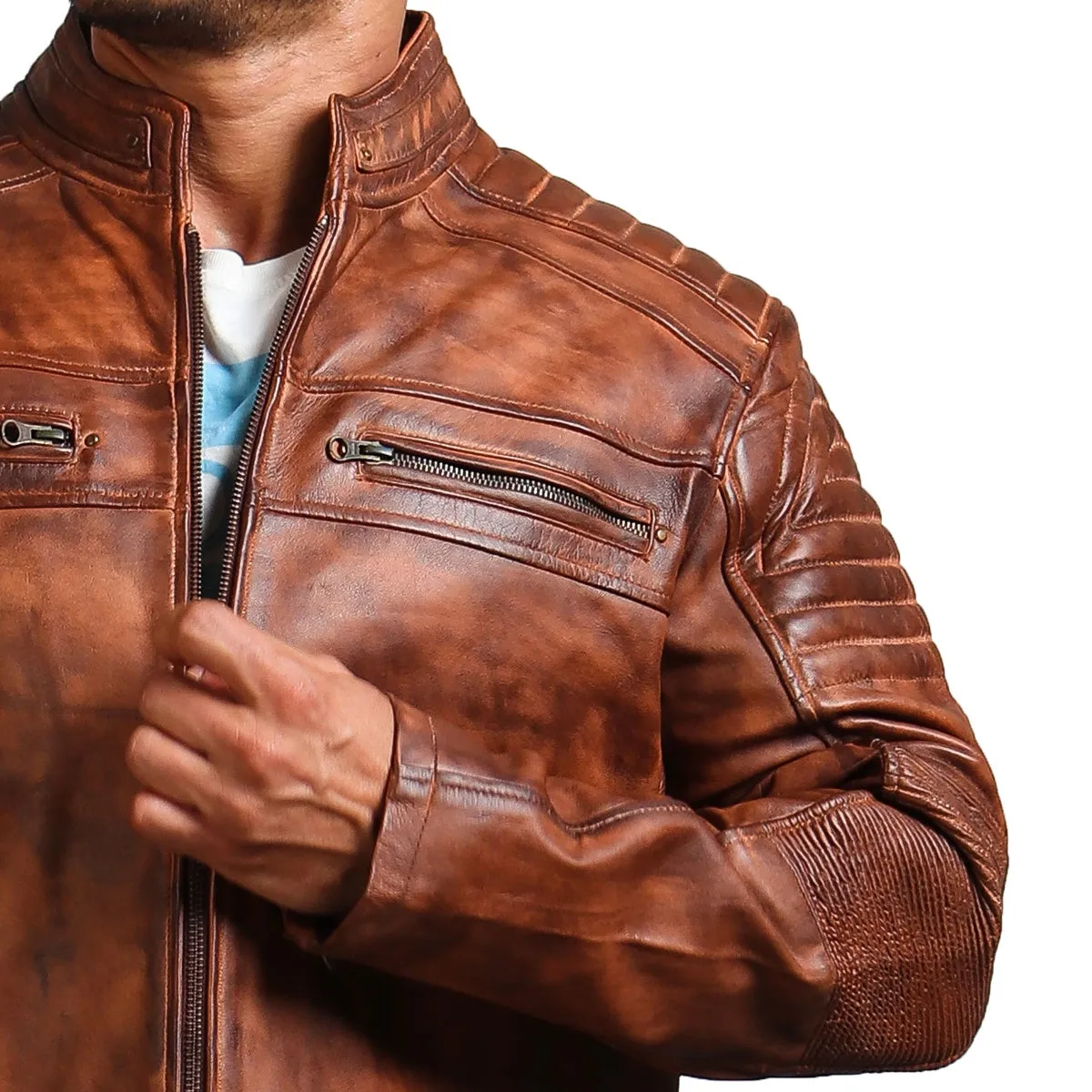 Café Racer Hand-Waxed Brown Leather Jacket