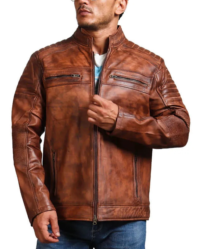 Café Racer Hand-Waxed Brown Leather Jacket