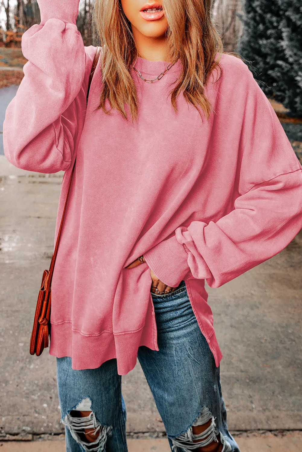 Cali Chic Women Pink Drop Shoulder Ribbed Trim Oversized Sweatshirt