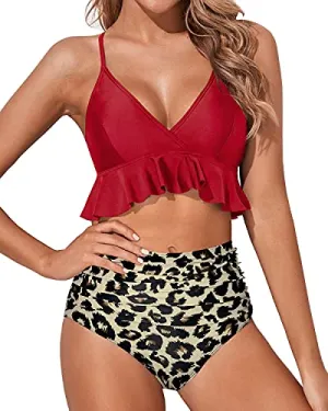 Comfortable And Stylish Two Piece Bikini Deep V Neck-Red And Leopard