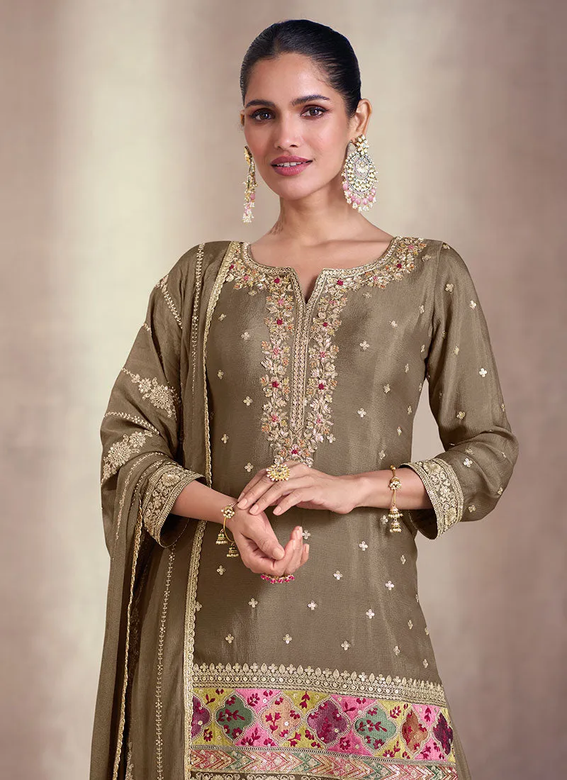 Copper Brown Multi Embroidery Sharara Style Suit