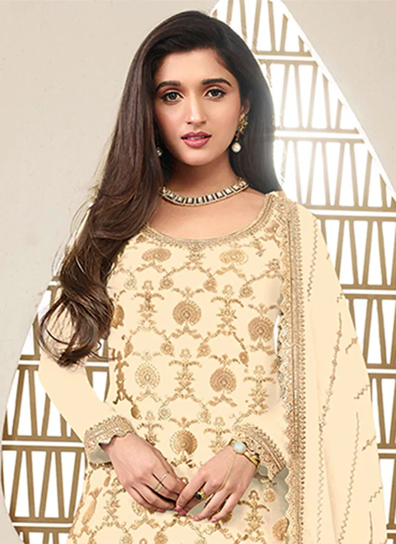 Cream Reshamkari Embroidery Sharara Style Suit