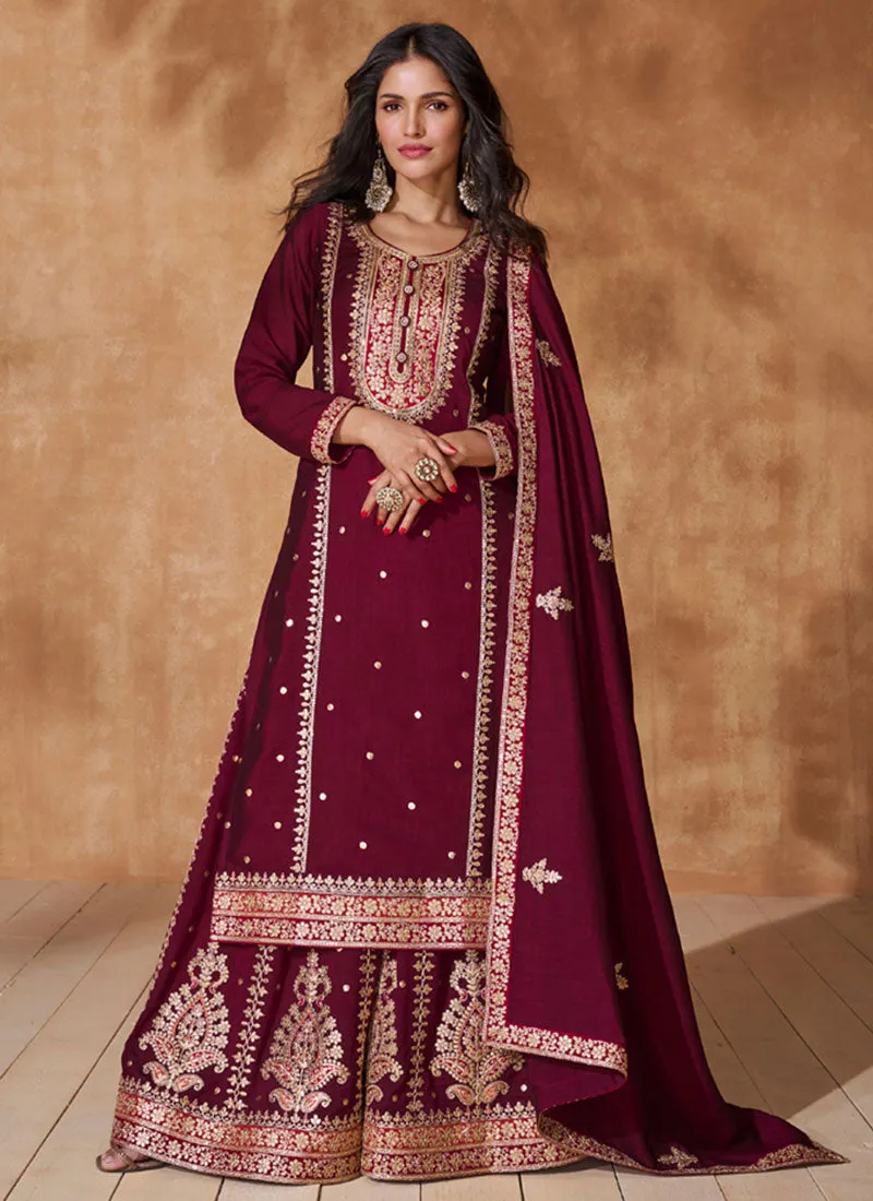 Deep Maroon Multi Embroidery Sharara Suit