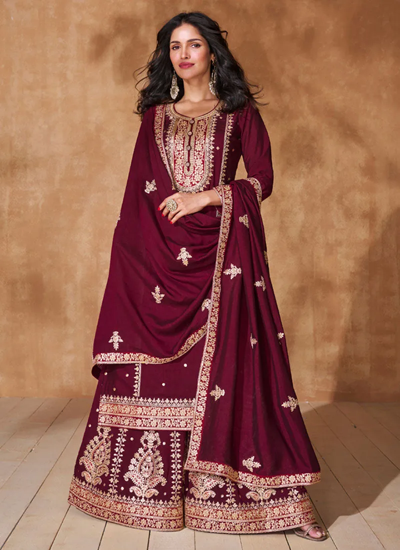 Deep Maroon Multi Embroidery Sharara Suit