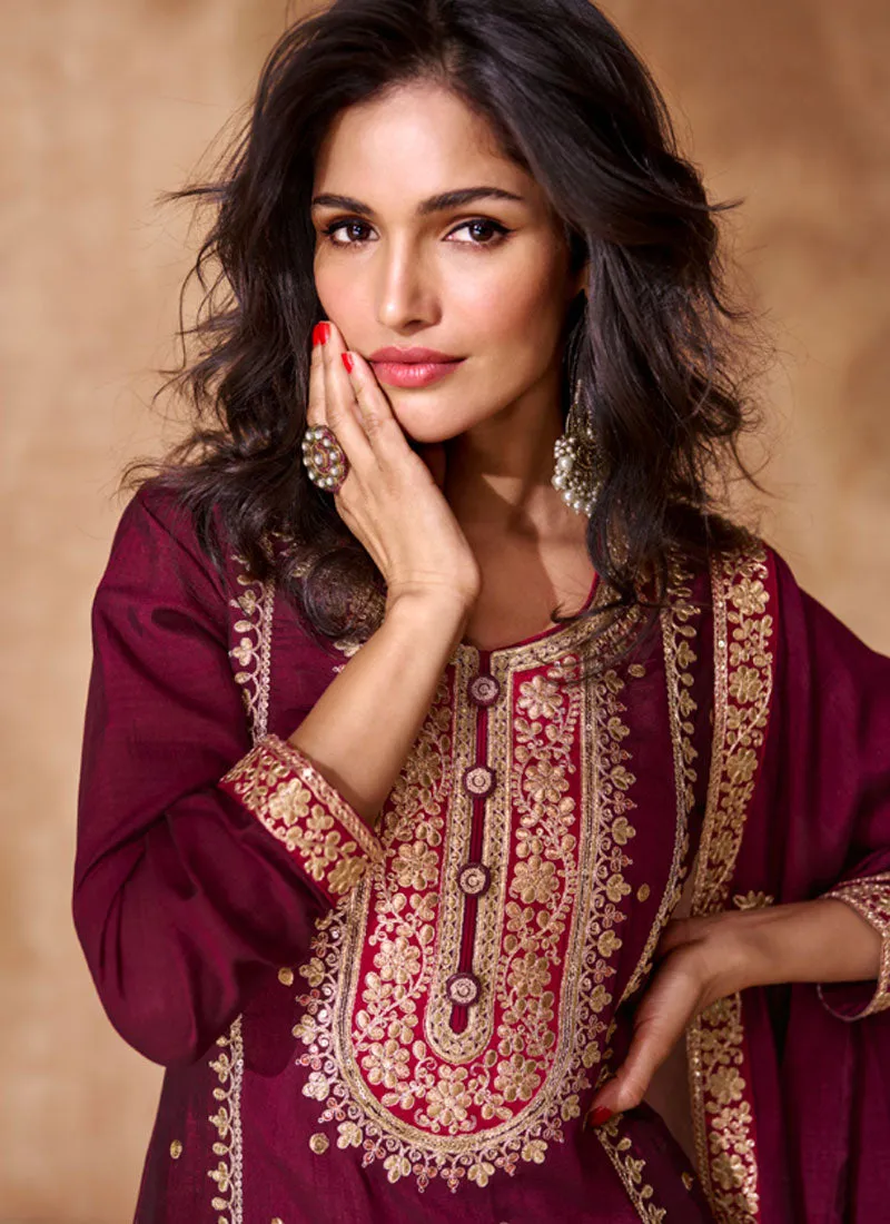 Deep Maroon Multi Embroidery Sharara Suit