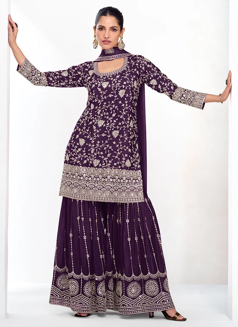 Deep Purple Traditional Embroidery Festive Gharara Suit