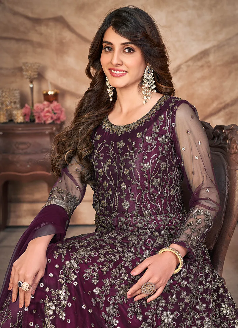 Deep Wine Embroidered Slit Style Anarkali Pant Suit