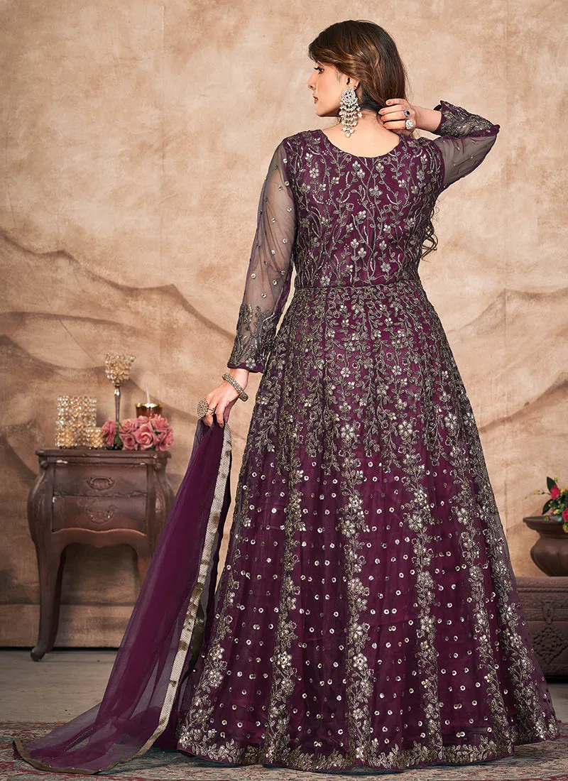 Deep Wine Embroidered Slit Style Anarkali Pant Suit