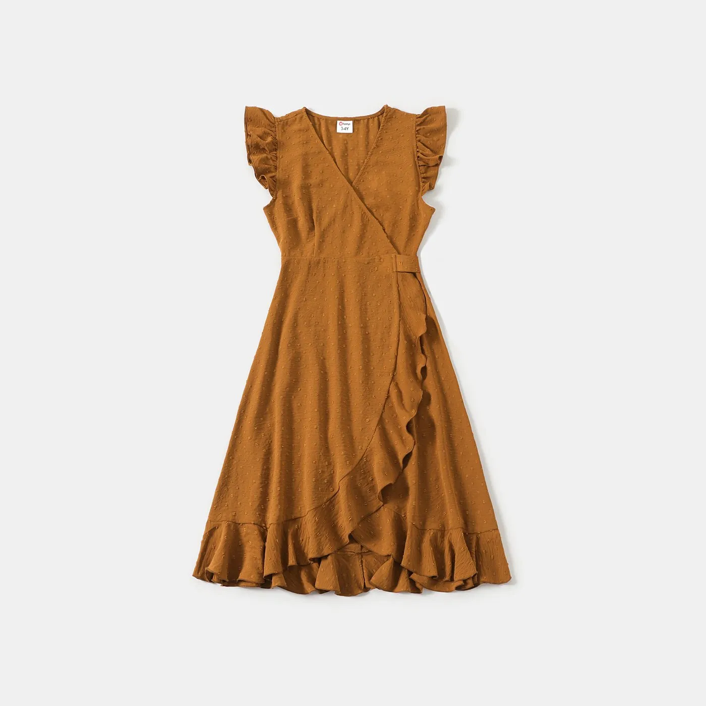 Family Matching Khaki V Neck Sleeveless Ruffle Wrap Dresses and Colorblock Short-sleeve T-shirts Sets