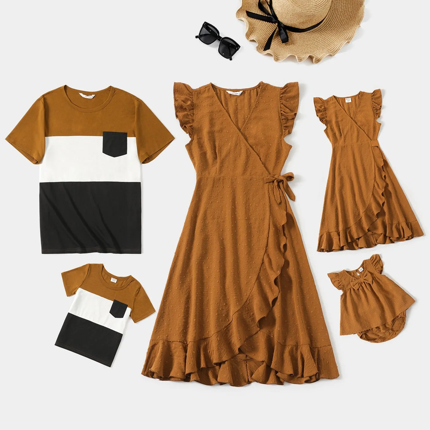 Family Matching Khaki V Neck Sleeveless Ruffle Wrap Dresses and Colorblock Short-sleeve T-shirts Sets