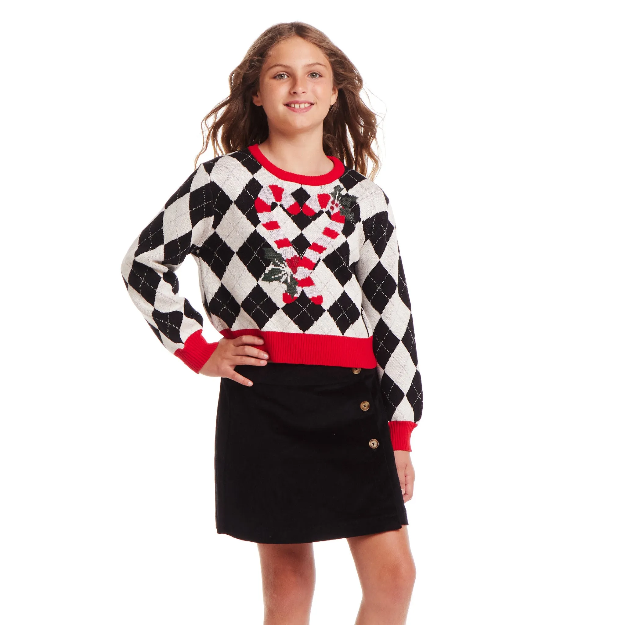 Kids (7-16) White Argyle Sweater | Candy Canes