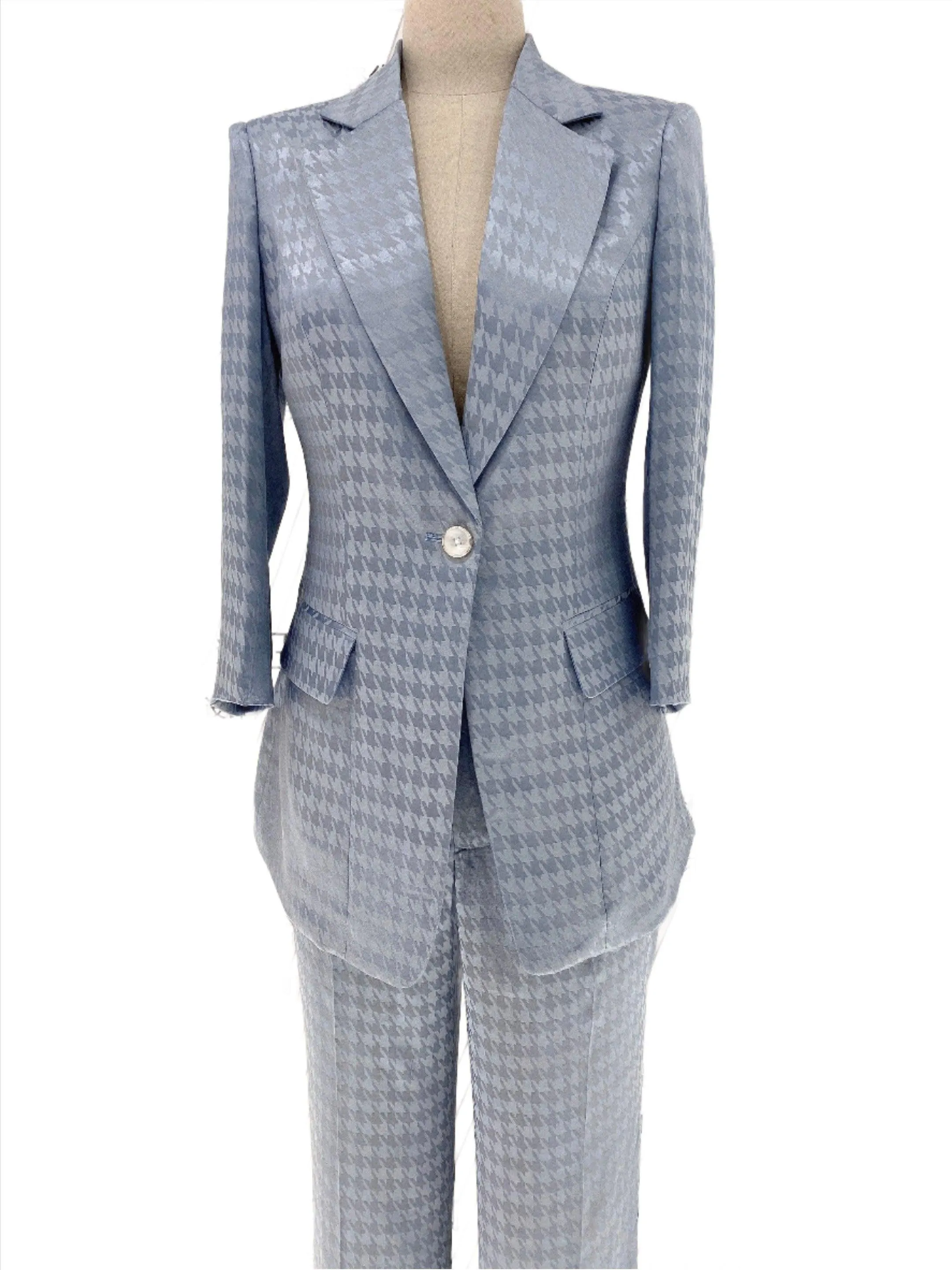 Light Blue Plaid Pant Suit, Thin Women Trouser Suit