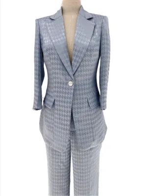 Light Blue Plaid Pant Suit, Thin Women Trouser Suit