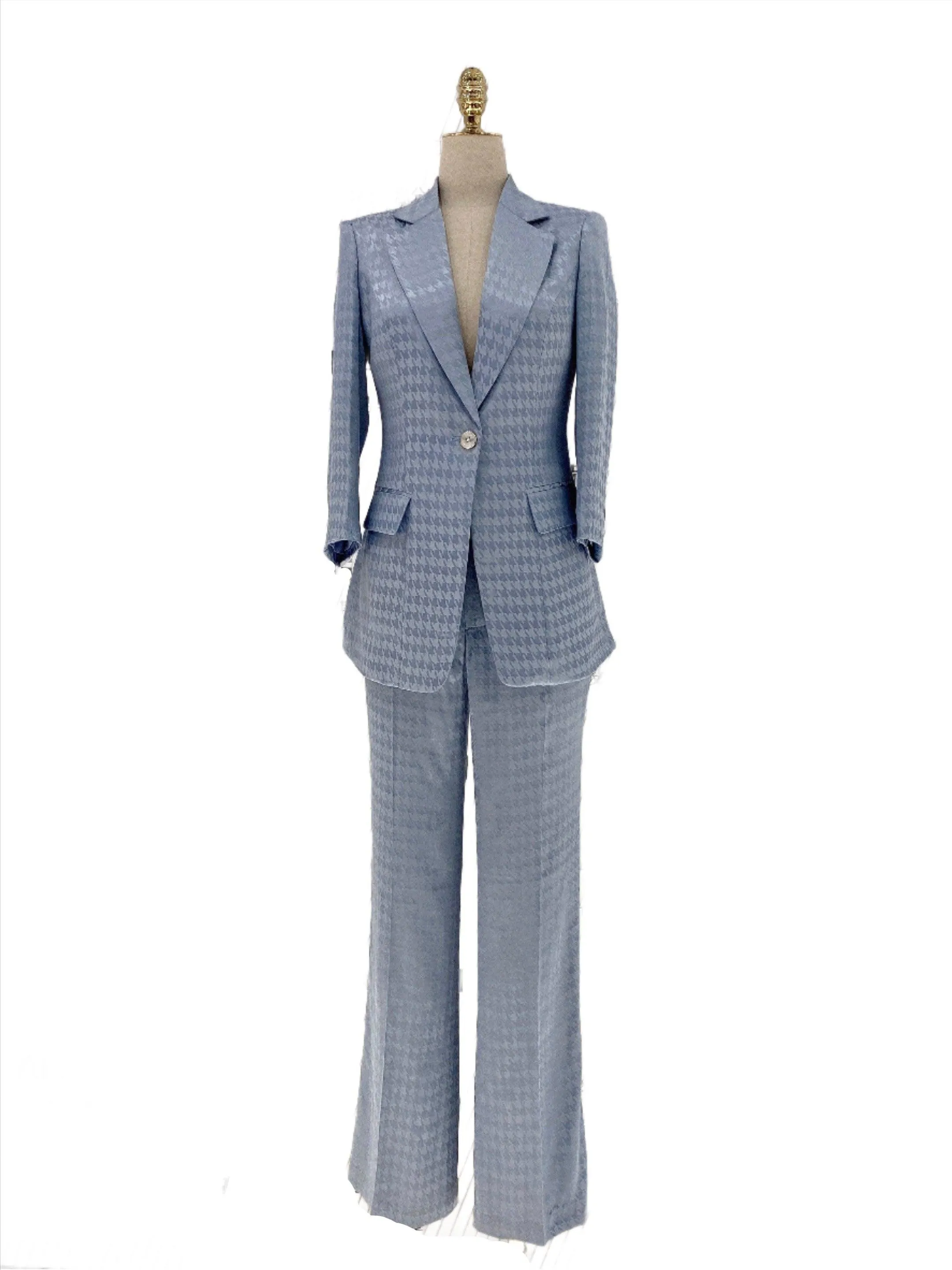 Light Blue Plaid Pant Suit, Thin Women Trouser Suit