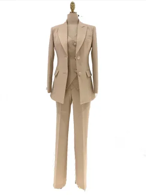 Light Khaki Women Pant Suit - Three Piece Trouser Suit