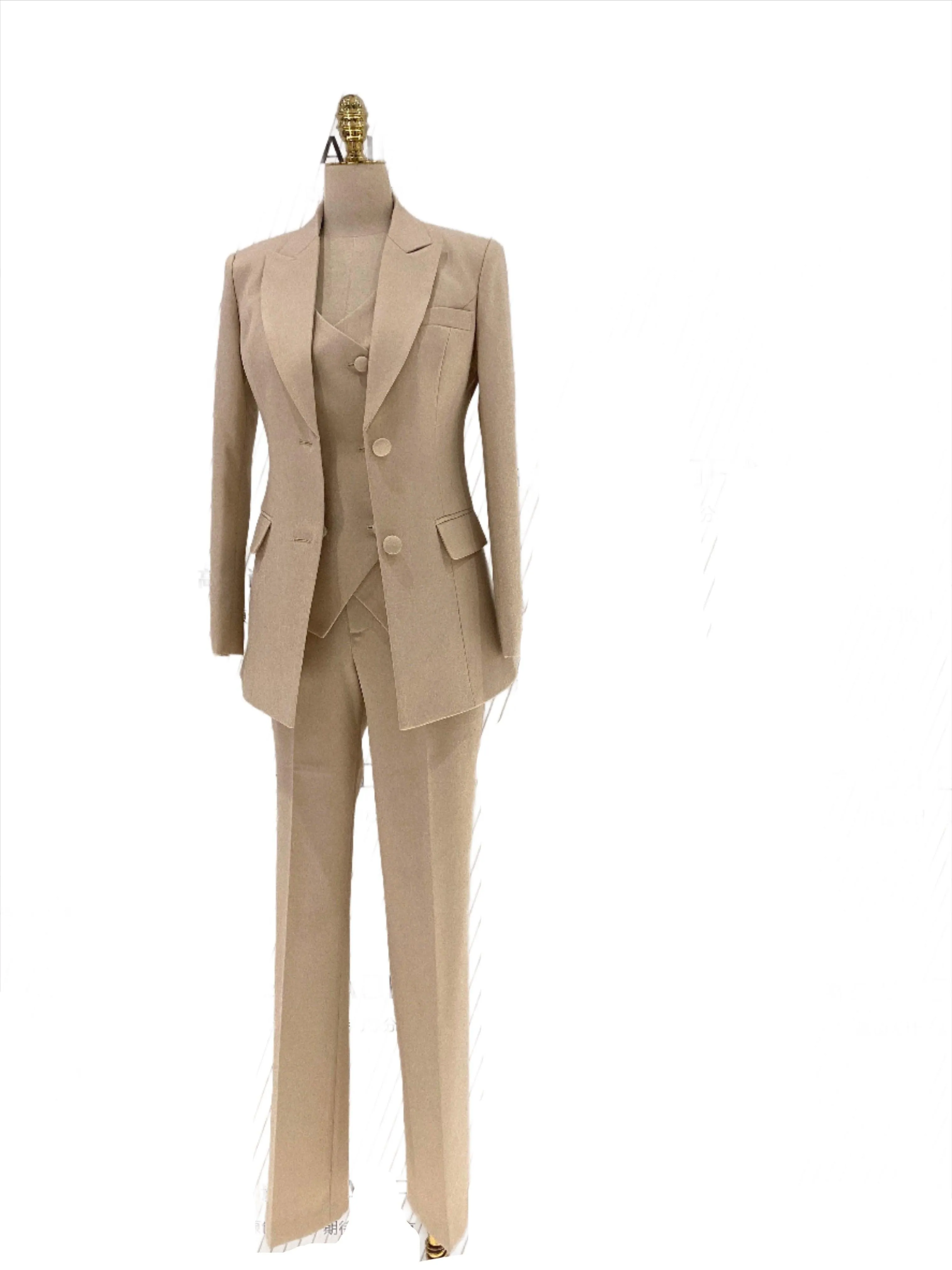 Light Khaki Women Pant Suit - Three Piece Trouser Suit