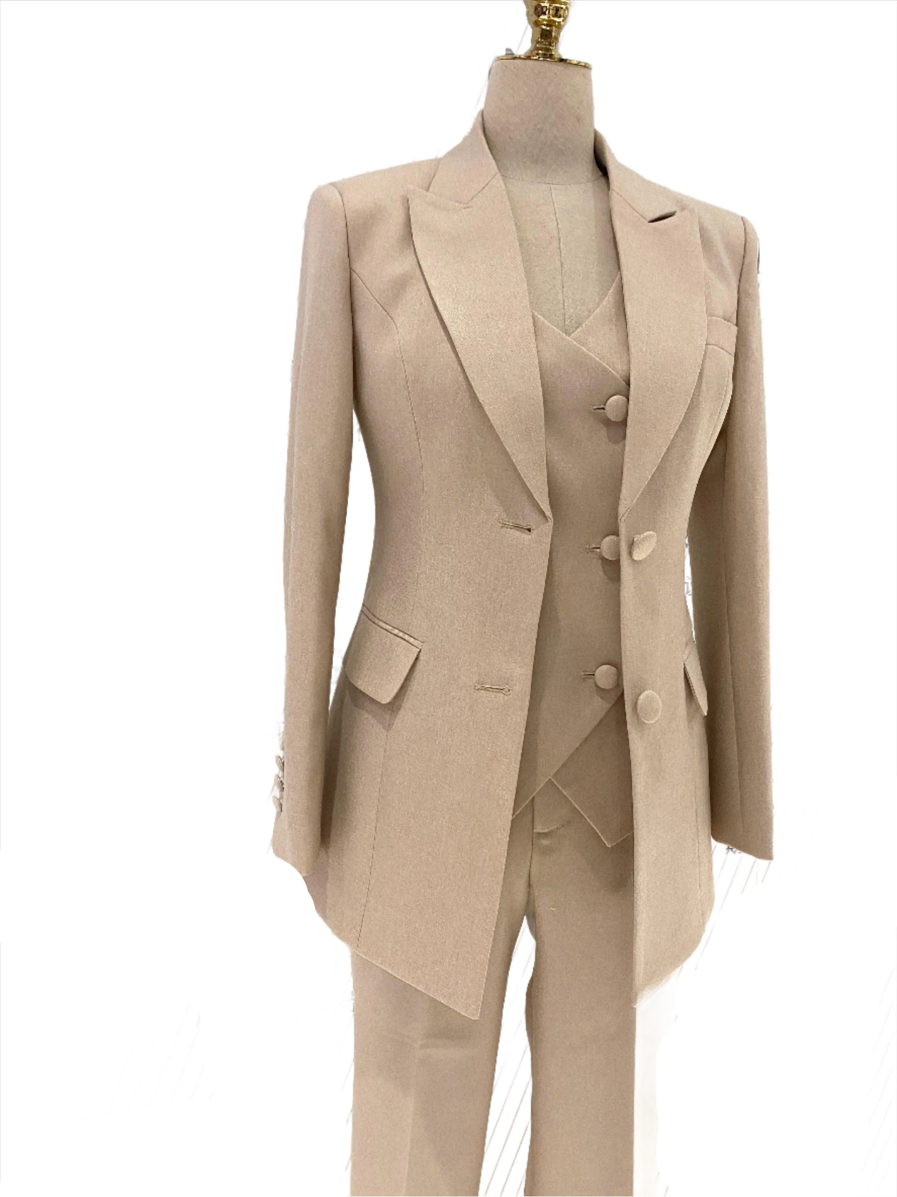 Light Khaki Women Pant Suit - Three Piece Trouser Suit