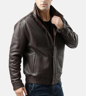 Notch Collar Men's Leather Bomber Jacket