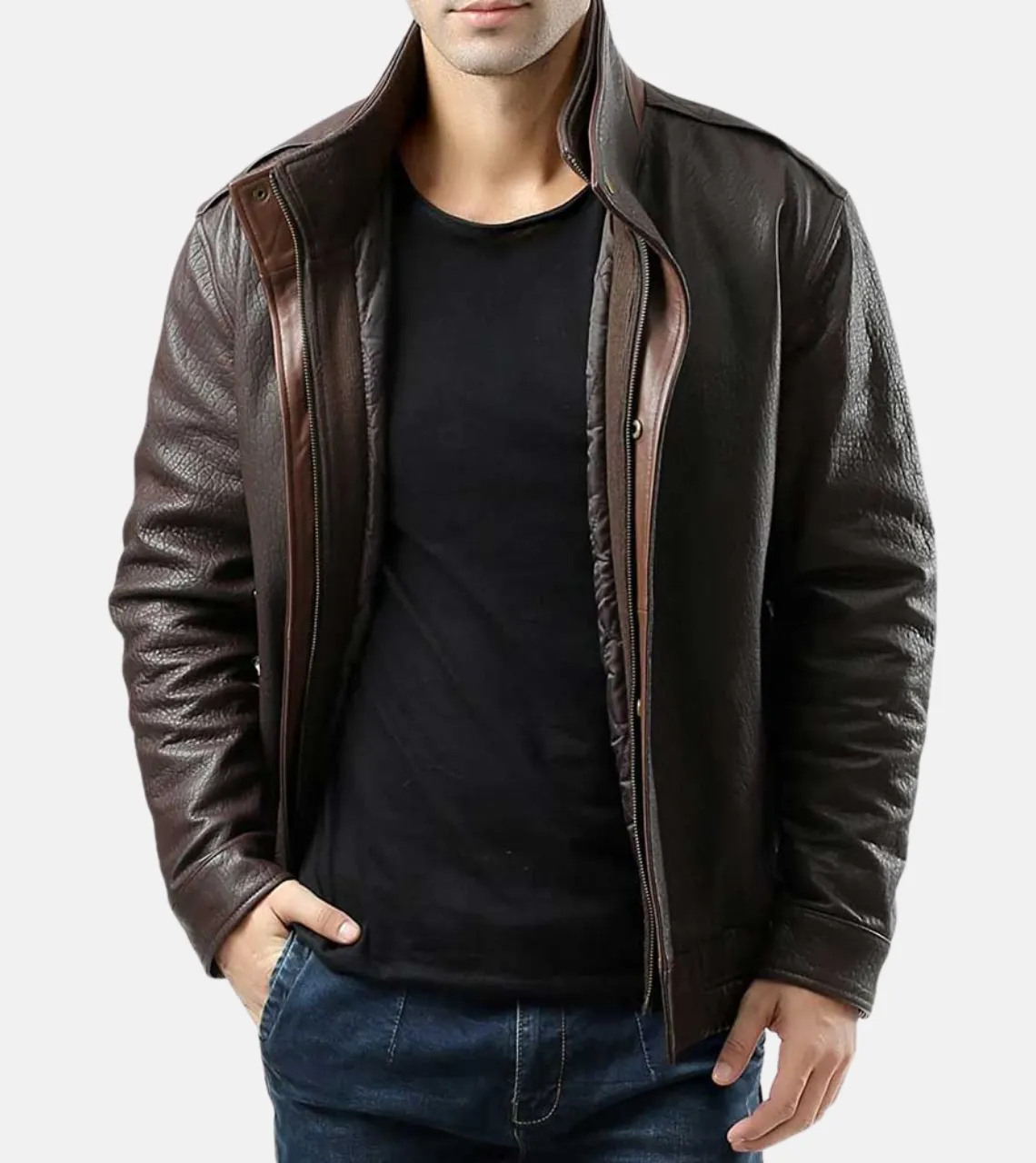 Notch Collar Men's Leather Bomber Jacket