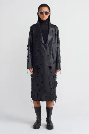 Nu Flower Motif Leather Long Coat Black