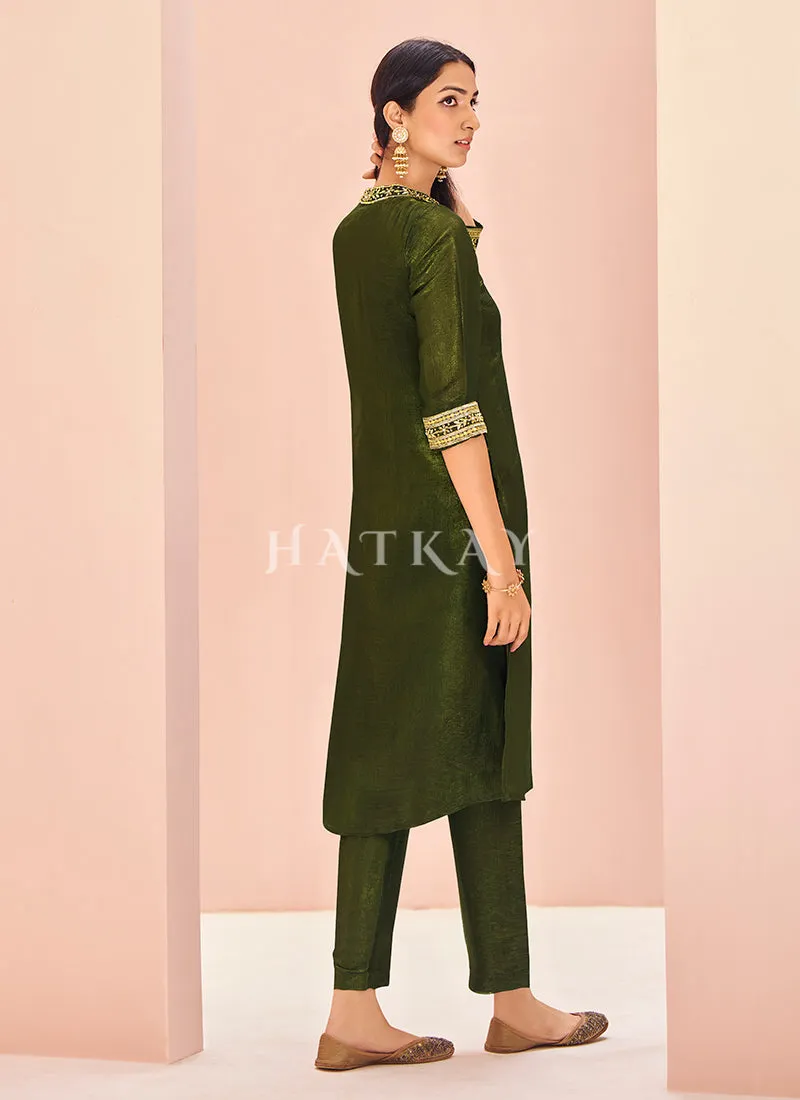 Olive Green Handwork Kurta And Pant Suit