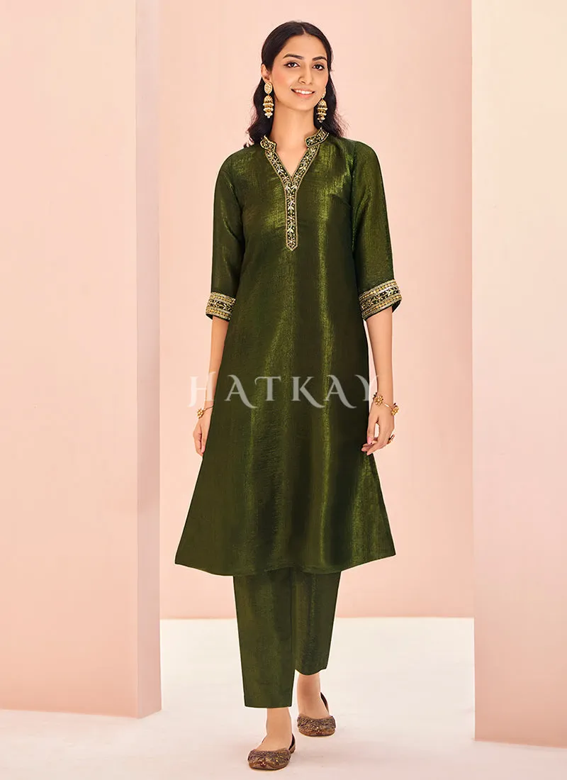 Olive Green Handwork Kurta And Pant Suit