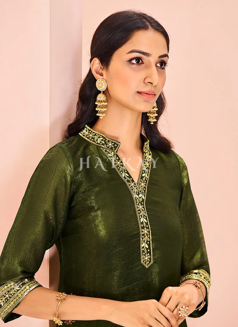 Olive Green Handwork Kurta And Pant Suit