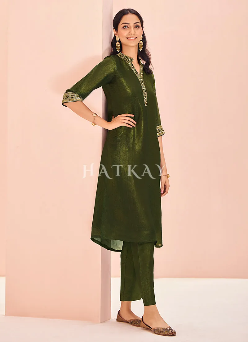 Olive Green Handwork Kurta And Pant Suit