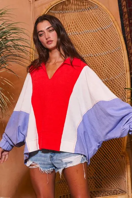 Oversized Collared Contrast Top • Red   White