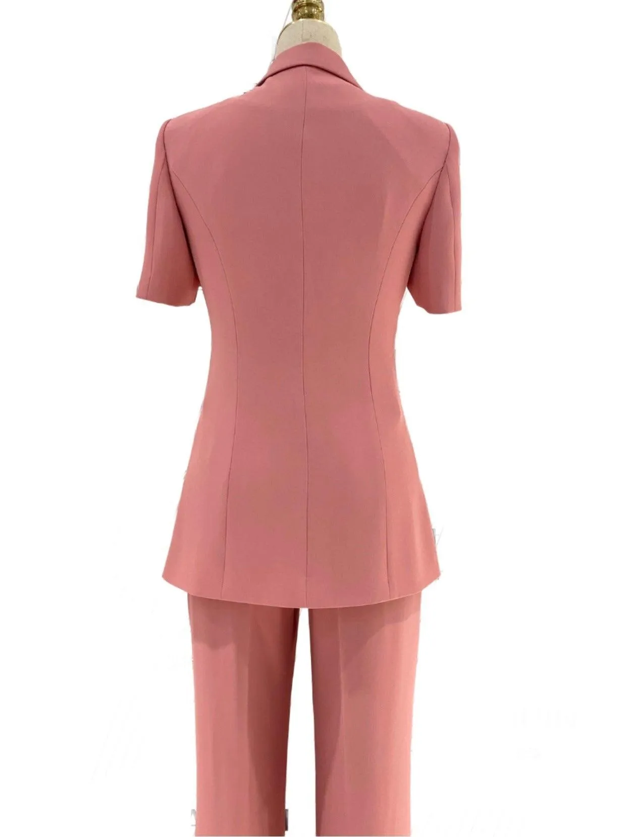 Pink Short-Sleeved Women Pant Suit, Thin Fabric Wide-Leg Pants